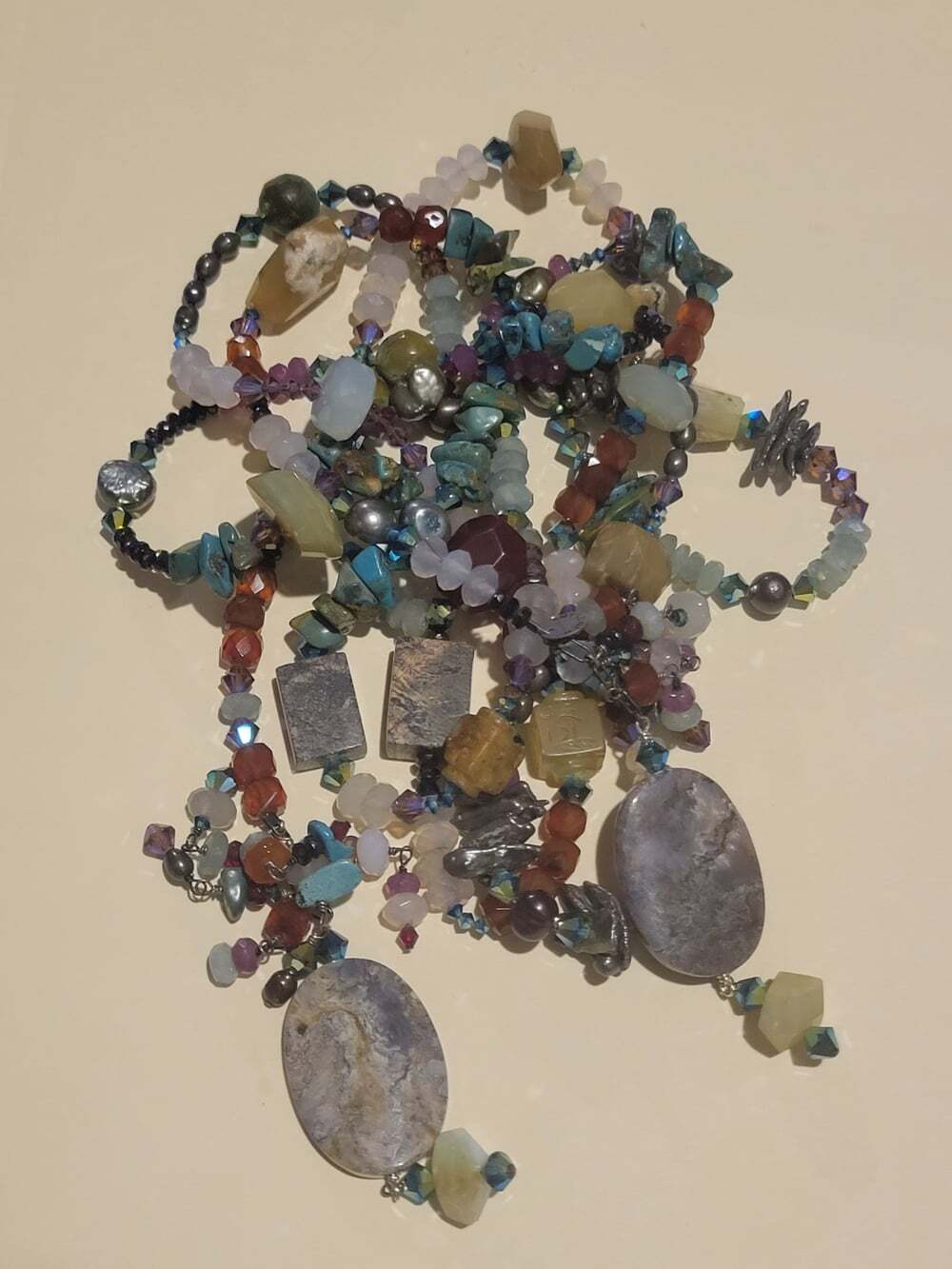 Amy Leiner Long Lariat 77" neckless Semi Precious Stones Crystals Beads Boho,SC